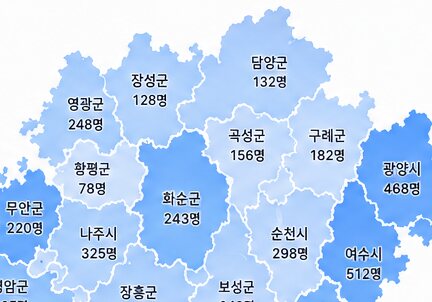 가상 데이터로 표현한 전라남도 시군별 근로자 분포 지도
