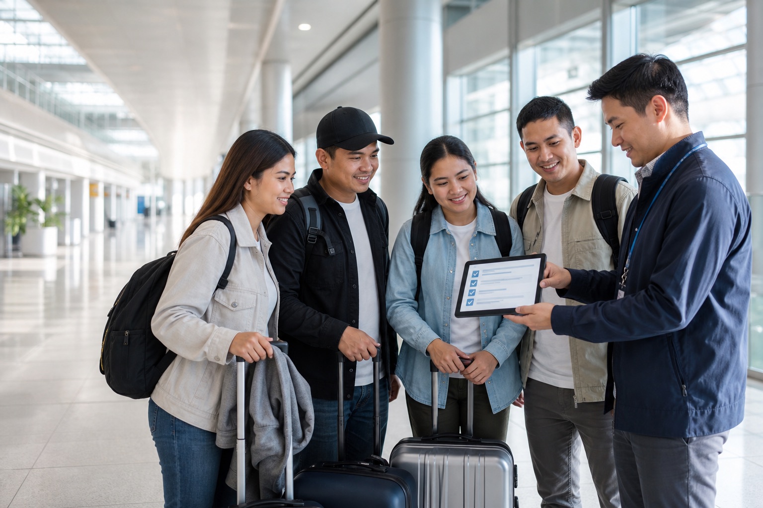 공항에서 지자체 담당자가 해외 계절근로자의 입국과 배치 일정을 확인하는 모습